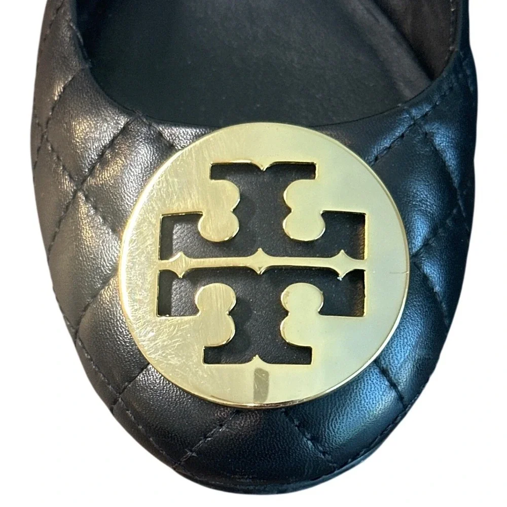 Tory Burch Claire Quilted Block Heel Pumps Black Gold Logo Leather Size 8